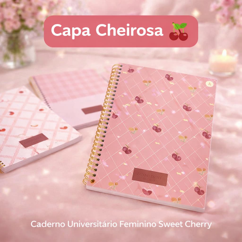 Caderno Sweet Cherry 80 Folhas 1 Matéria Capa Cheirosa com Adesivos