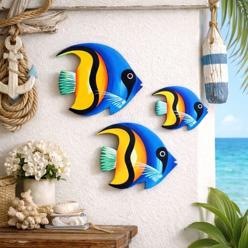 Kit Trio de Peixes enfeite de parede em Mdf animais marinhos linha náutica decoração casa de praia