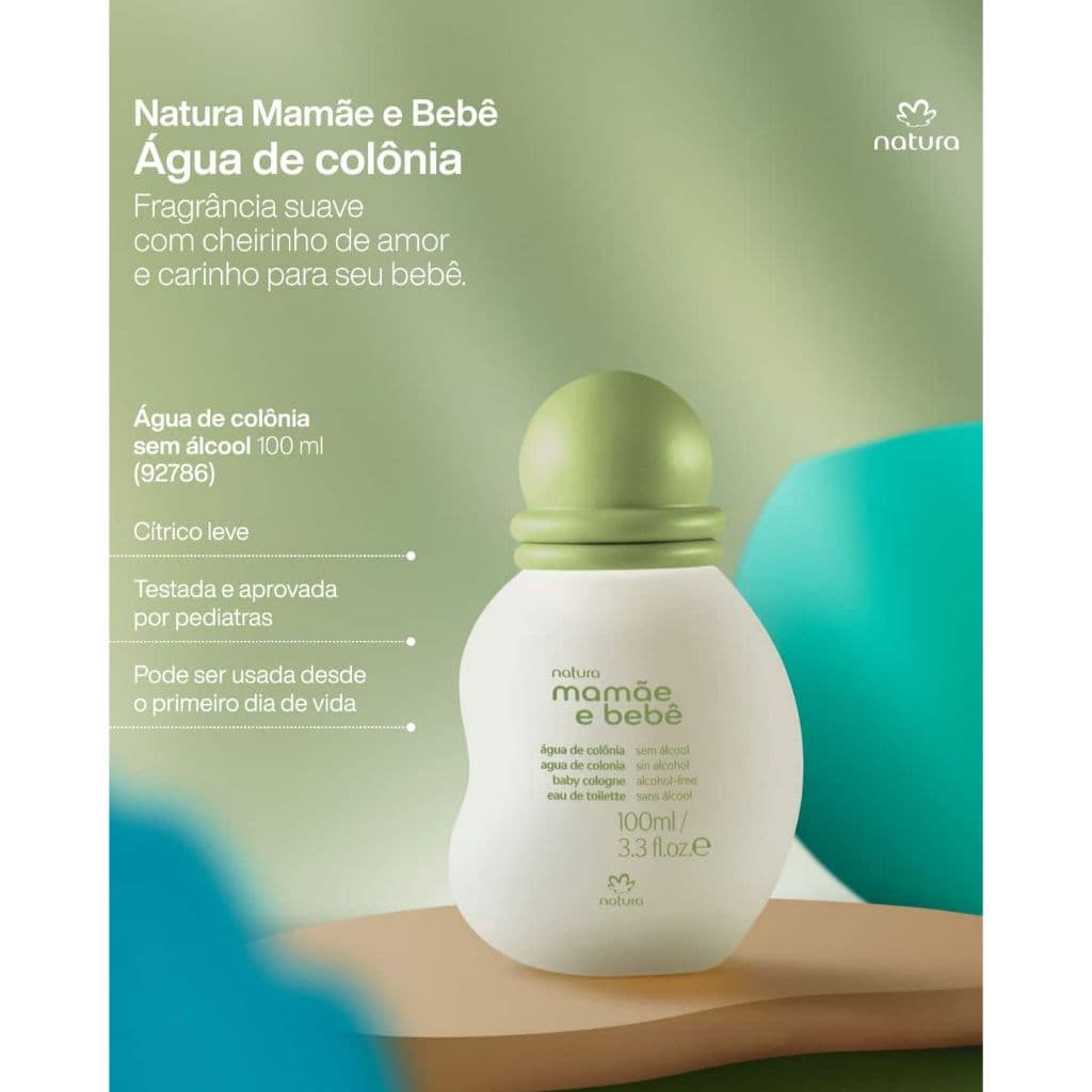 Água de Colônia Natura Mamãe e Bebê 100ml - Perfumação Suave, Fórmula Vegana, Sem Álcool