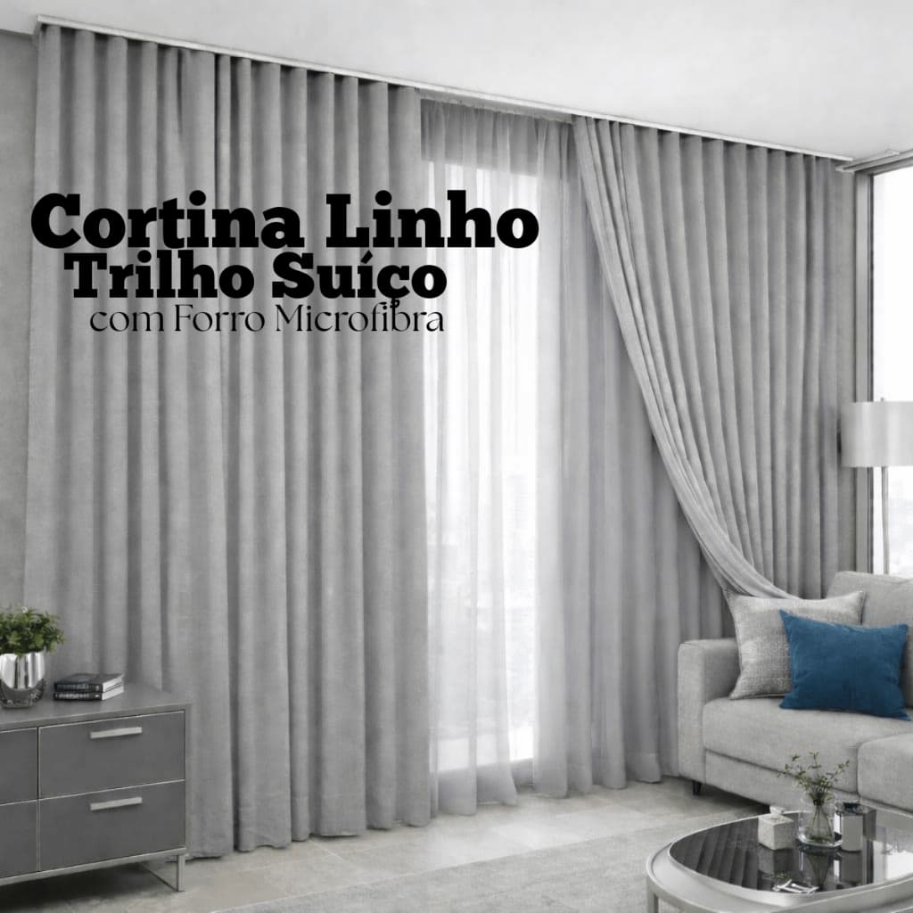 Cortina Linho Trilho Suíço 5 Metros Com Forro Microfibra Sala Quarto Luxo Moderna