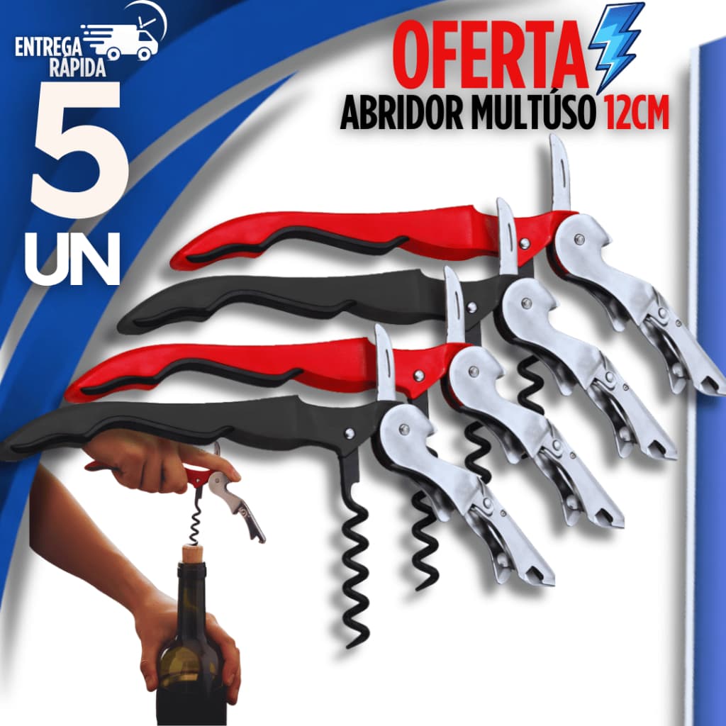 Conjunto Abridor Multiuso Vinhos Saca Rolhas Premium 3 em 1 Aço Inox Garrafa Lata Canivete Abridor