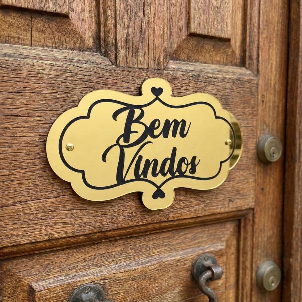 Placa Decorativa Bem Vindos Dourada Espelhada – Letreiro de Porta em Acrílico