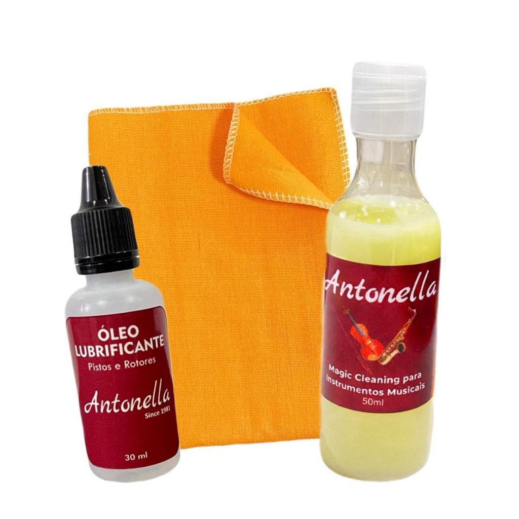 Kit de Limpeza e Lubrificação p/ Instrumentos Musicais – Cera p/ Limpeza + Óleo p/ Pistos + Flanela