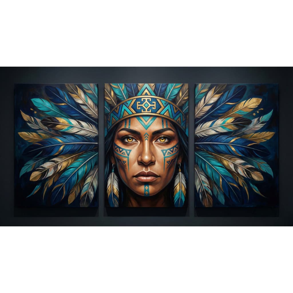 Quadros Decorativos Indígena Mulher Tribal Penas Azul Dourado 3p