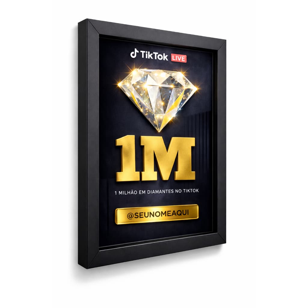 Quadro Placa Live 1 milhão de diamantes personalizada com nome Moldurado A4 20x30 cm Vidro