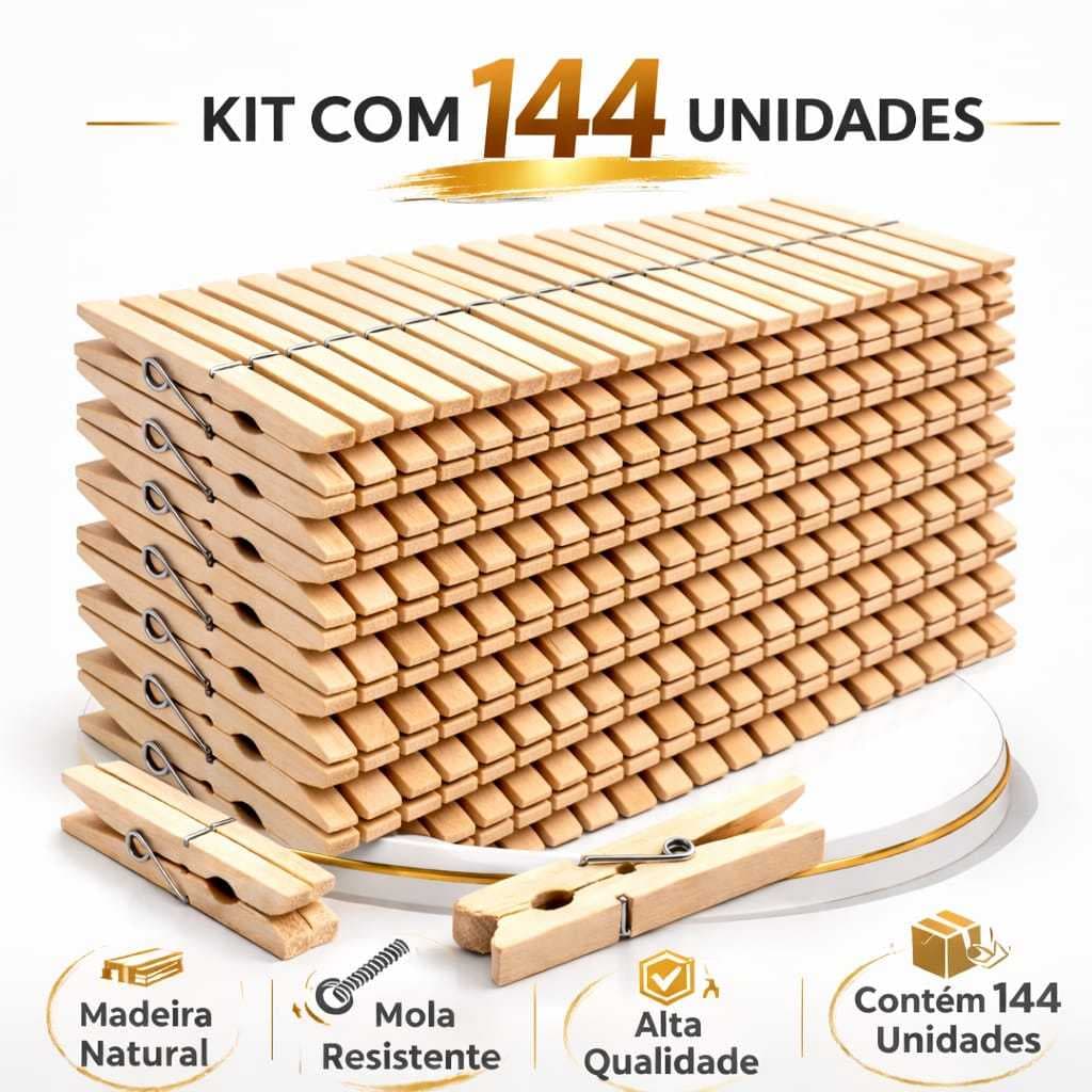 Prendedor de Roupa de Madeira Reforçados Kit com 144 Antideslizantes para Varal