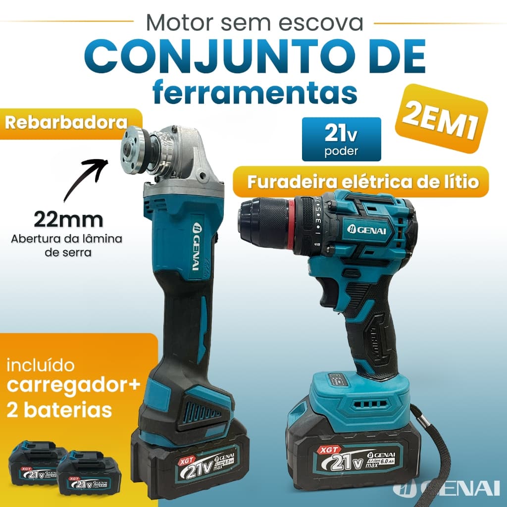 GENAI Kit Furadeira e Rebarbadora 21V BL - Motor sem Escova, Alta Potência, 2 Baterias 6.0Ah Furadeira sem Fio + Rebarba