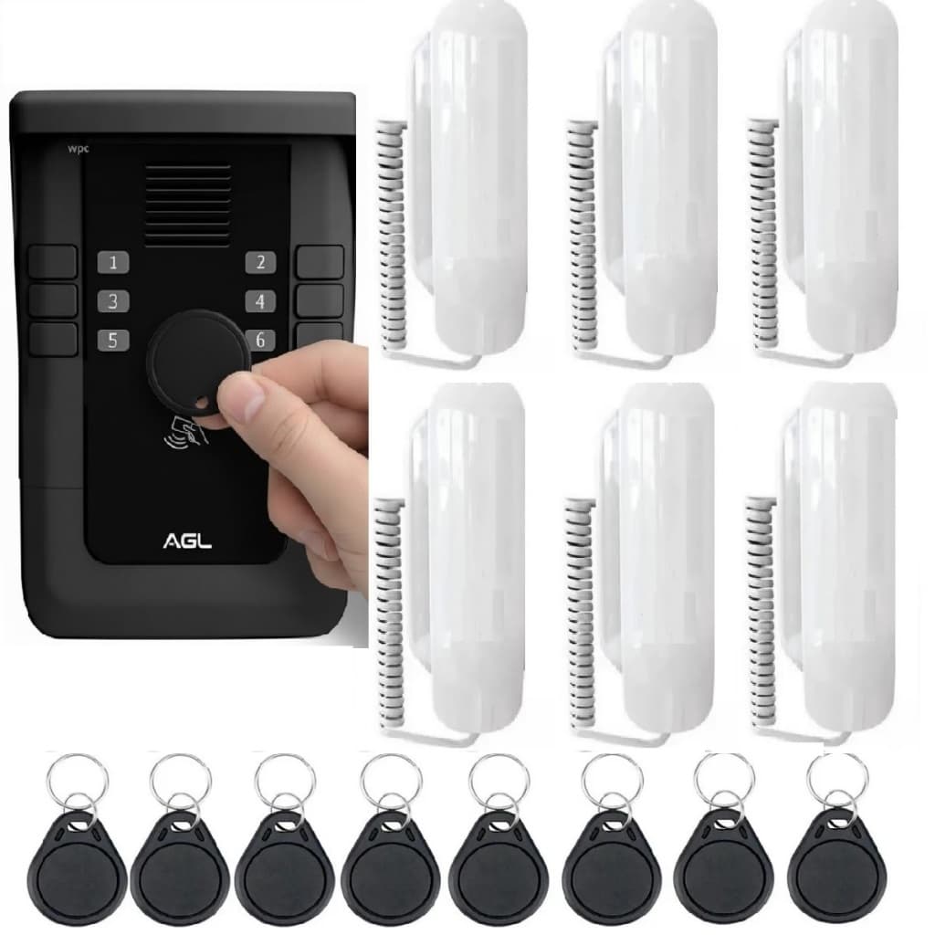 Kit porteiro coletivo S500 6 pontos com 6 interfones P100 e 12 Tags AGL