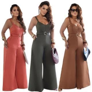 Macacão Longo Femenino Alfaiataria Com Cinto Elegante Festa Casamento Social Luxo