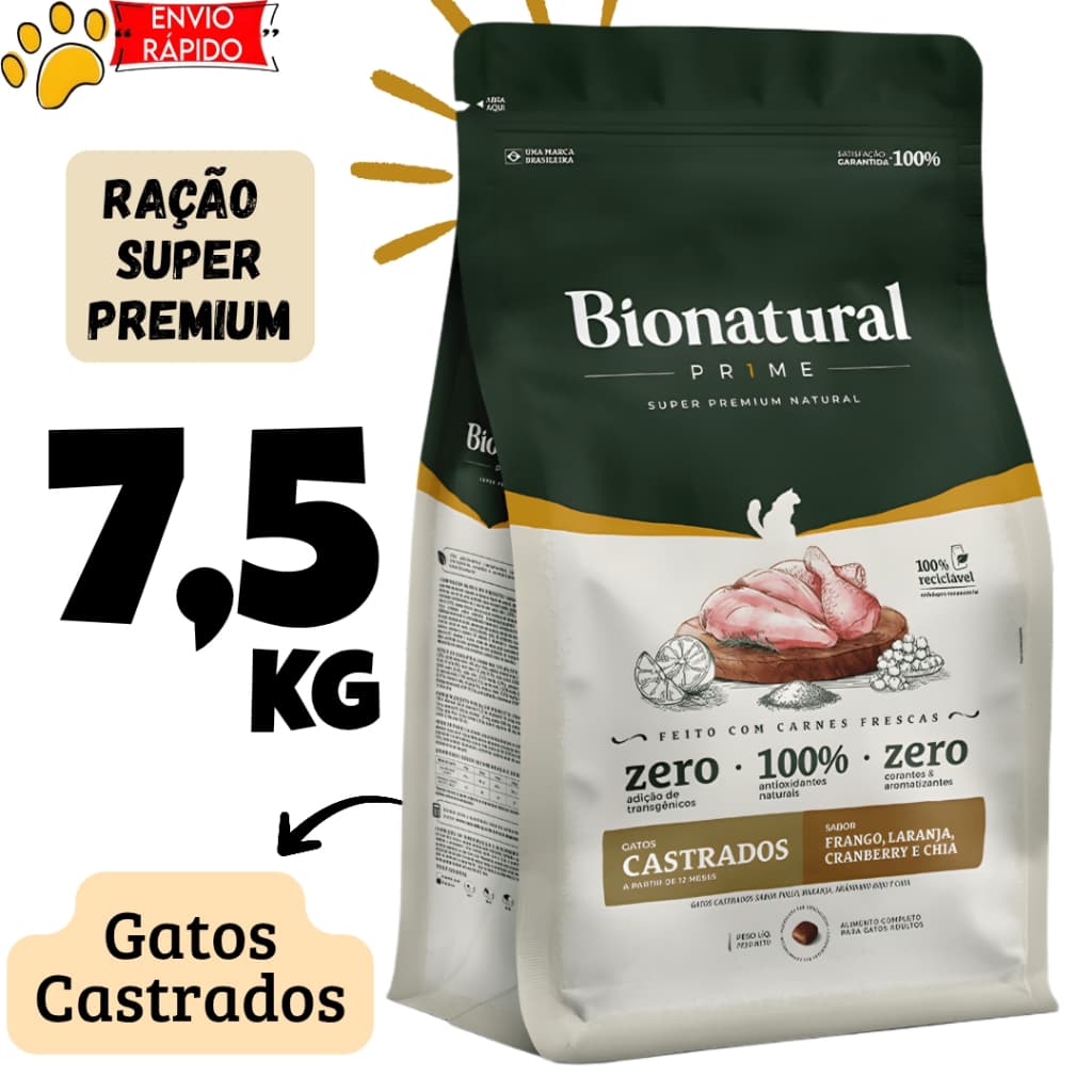 Ração Bionatural super premium para gatos castrados sabor frango 7,5kg
