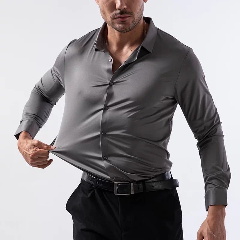 Cor Sólida Alta Elasticidade Seda Confortável Sentimento de Drape Sem Costura Camisa Casual Slim-Fit