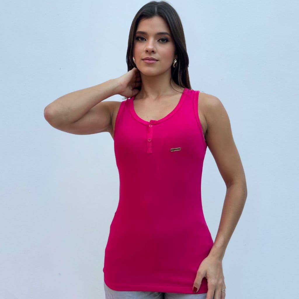 Regatão Feminino com Botões Frontais em Viscolycra Confortável e Estiloso Regata Alongada Moda Verão Sem Manga