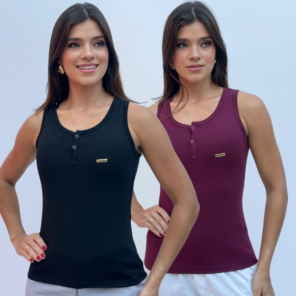 Kit 2 Regatão Botões Frontais Casual Blusa Feminina Malha Viscolycra Sem Manga Tendência Básica Confortável Regata