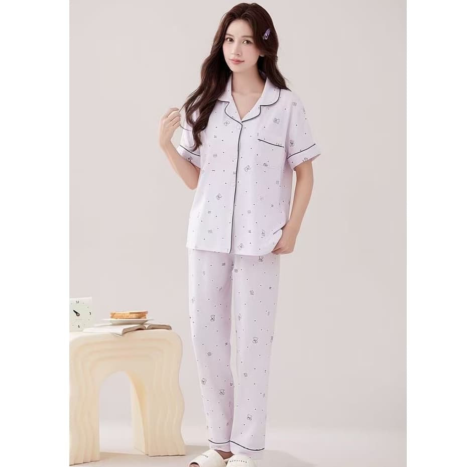 Pijama Feminino Americano com Botões – Manga Curta + Calça Longa, Macio e Respirável