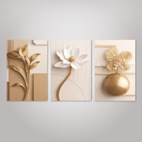 Quadro Decorativo Flor Branca Dourada Luxo Abstrato Sala Quarto Cozinha Escritório Kit 3 Peças