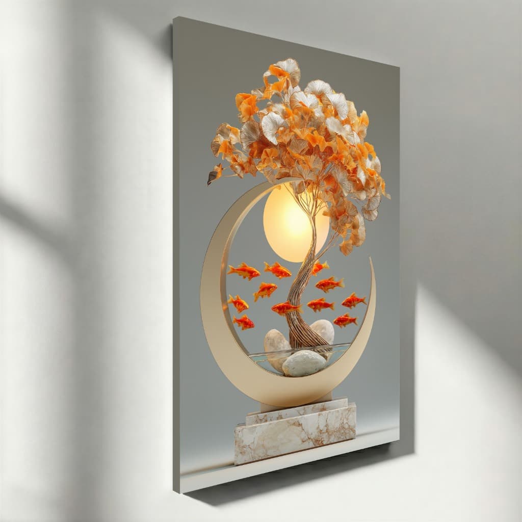 Quadro Decorativo Árvore Dourada 3D Peixes Ornamentais Arte Moderna Escultura Tela Vertical Luxo