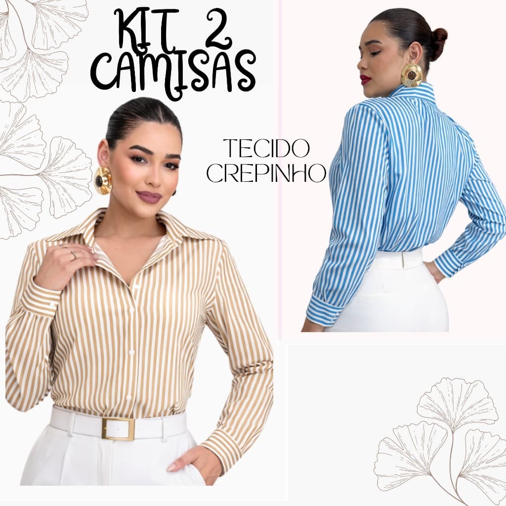 Kit 2 Camisas Femininas Listradas Tecido Crepinho M G Casual Elegante Promoção