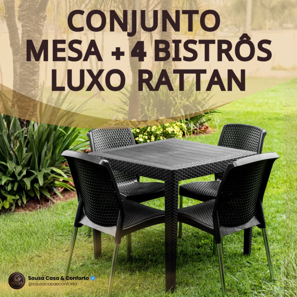 Conjunto Mesa com 4 Bistrô Rattan Luxo UV Reforçadas Empilhável Área Lazer Qualquer Ambiente