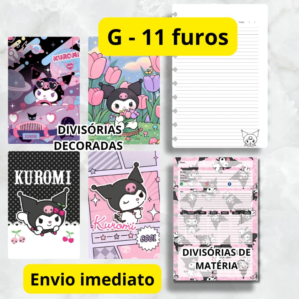 REFIL 100 FOLHAS PARA CADERNO DE DISCO KUROMI KIT (G - 11 FUROS) E KIT DIVISÓRIA
