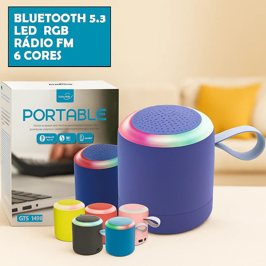 Caixa de Som Bluetooth Portátil com LED colorido RGB / Rádio FM, conexão USB e SD / GTS-1498