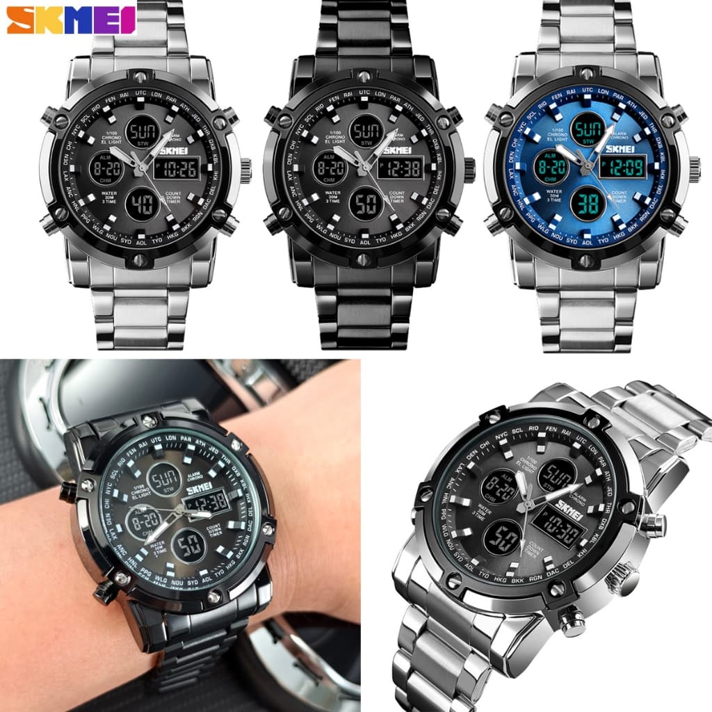 SKMEI 1389 Relógio Digital De Quartzo Masculino Homens Três Tempo Pulso De Aço Contagem Regressiva Relogio