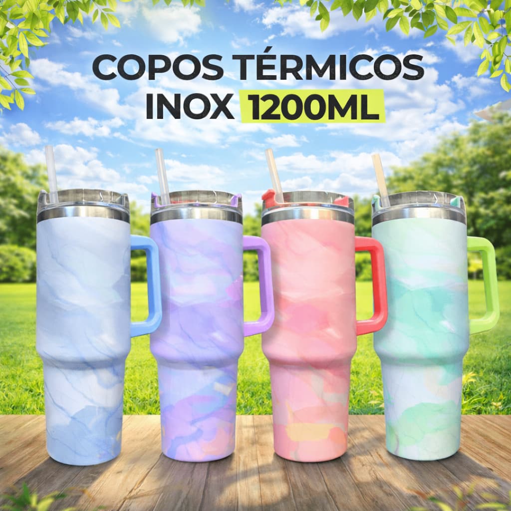 Garrafa Térmica Inox 1200mL 1.2L Com Canudo Copo Caneca Térmica Mármore Protetor Anti-vazamento