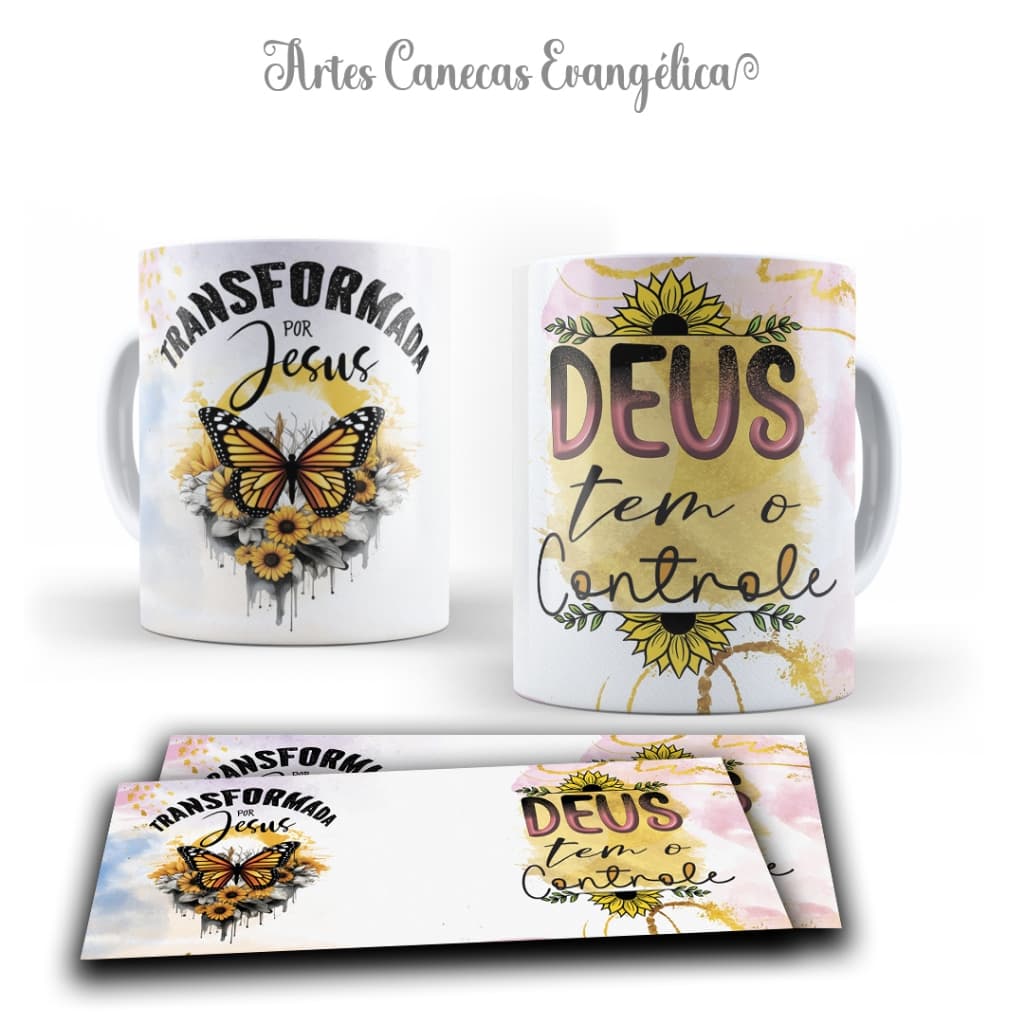 Caneca Estampada Deus tem o Controle - Transformada por Jesus - Envio Imediato