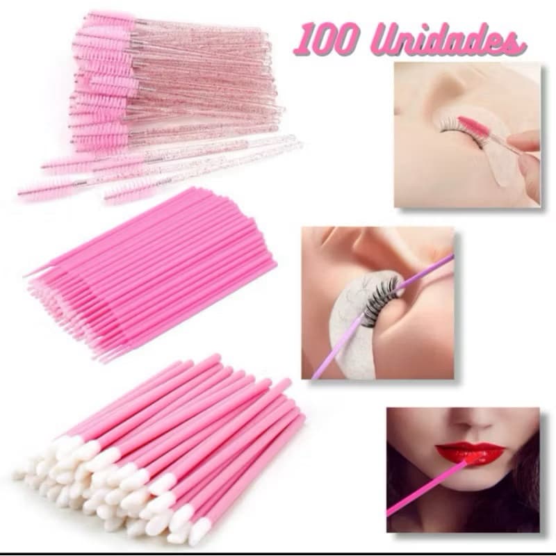 Kit 100 Escovinhas + 100 Microbrush + 100 Aplicador de Batom Alongamento Cilios