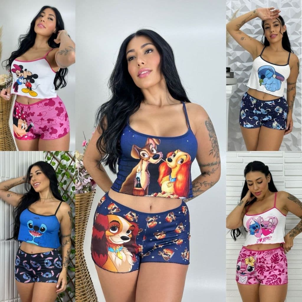 Pijama Doll Estampado Feminino Baby Personagens Short Roupa Dormir Kit Suede Adulto