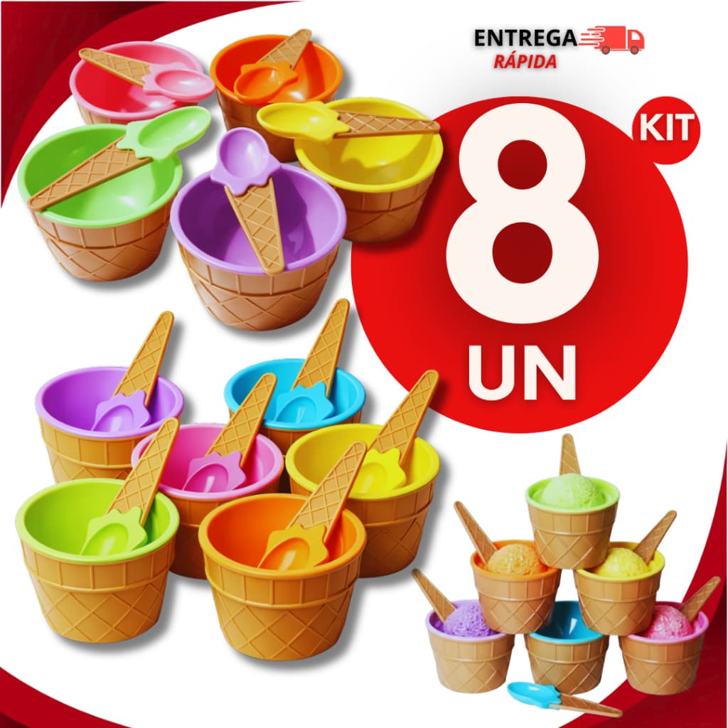 Conjunto 8 Tigelas Potes Plástico Para Sorvete Com Colher Sobremesa Casquinha Festa Cores Sortidas