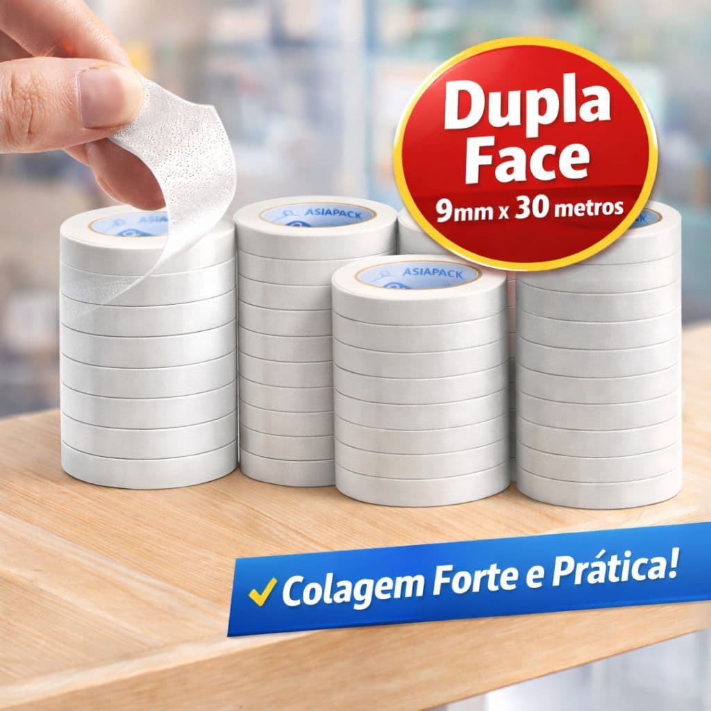 Fita Dupla Face 09mm x 30 Metros - Kit com 05 rolos para Equipamento Escolar e de Escritório
