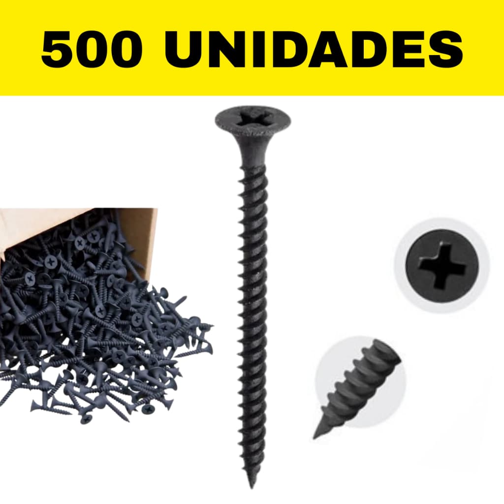 Kit 500 Parafuso Drywall Trombeta Ponta Agulha Phillips 35x25mm Preto