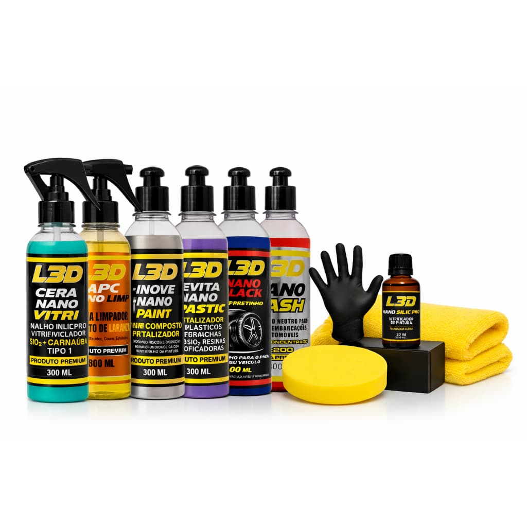 Kit Nitro L3D Vitrificador + Cera + APC Nano Limp + Renove Nano Paint + Revita Nano Plastic + Nano Black + Nano Wash