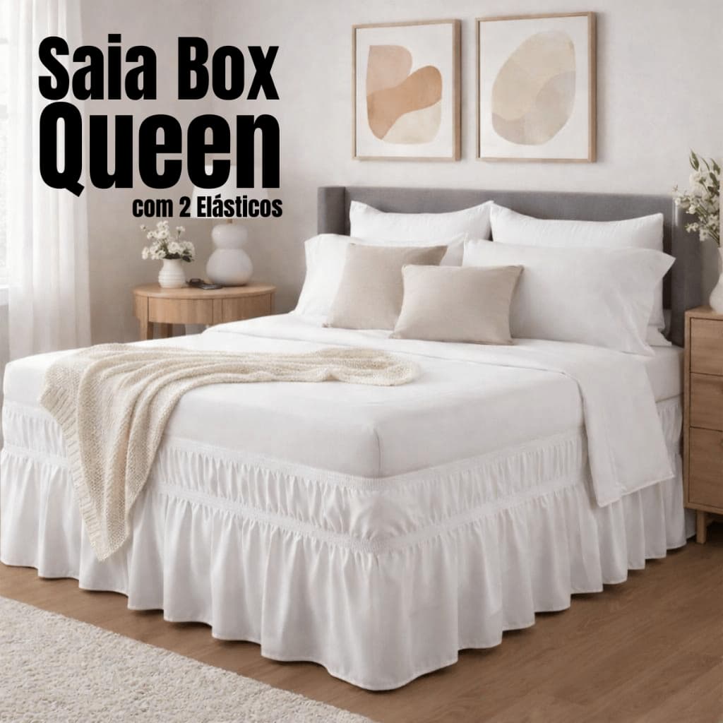 Saia Box Queen Com Elástico Ajustável 1,98x1,58x40cm Protetora para Cama Box Elegante