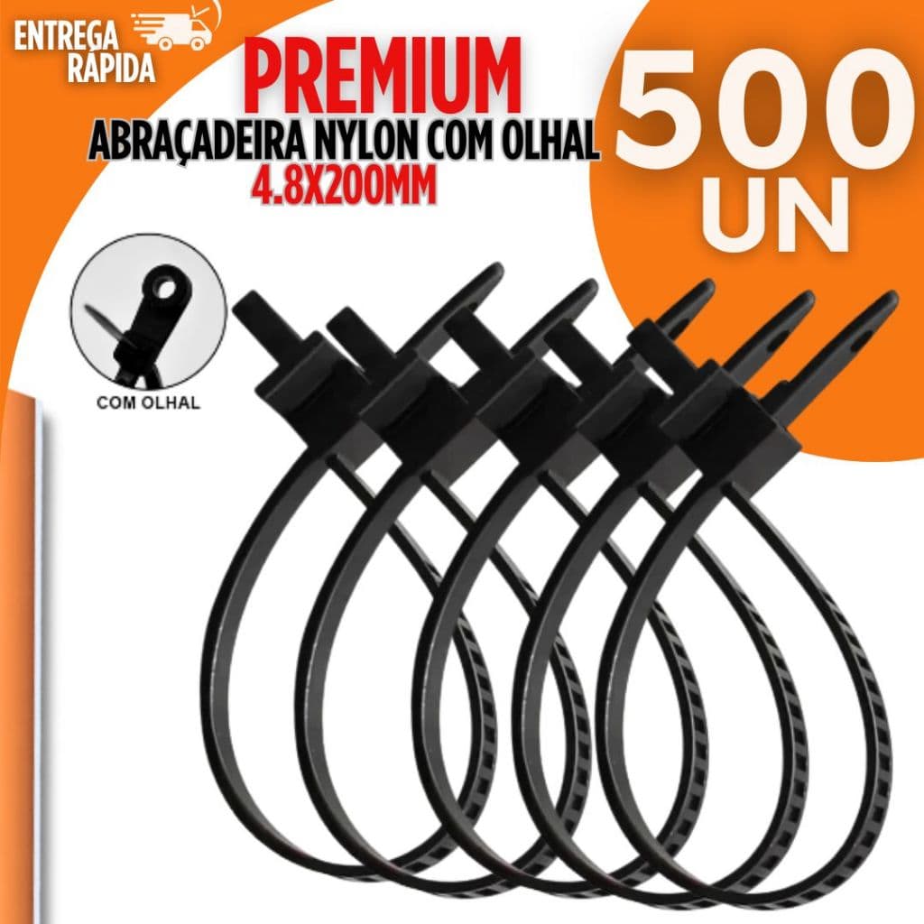 Conjunto 500 Peças Abraçadeiras Nylon 4,8x200mm Com Olhal Preta Enforca Gato Presilhas Cintas Plásticas Qualidade
