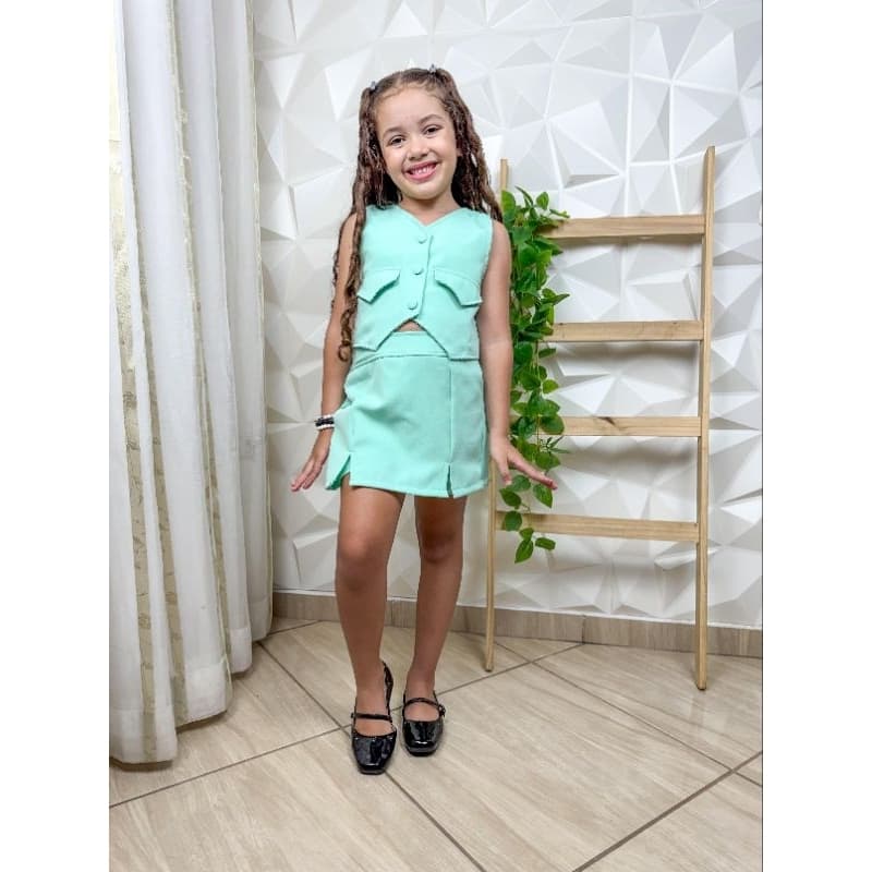 Conjunto Infantil Menina Alfaiataria Colete e Short Saia Modinha Blogueirinha