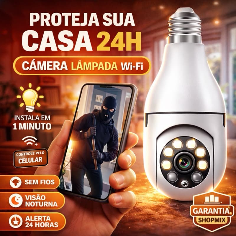 Câmera de Segurança Lâmpada Wifi 360 Full HD - Instalação Fácil Sem Fio - Visão Noturna e Áudio - Bivol
