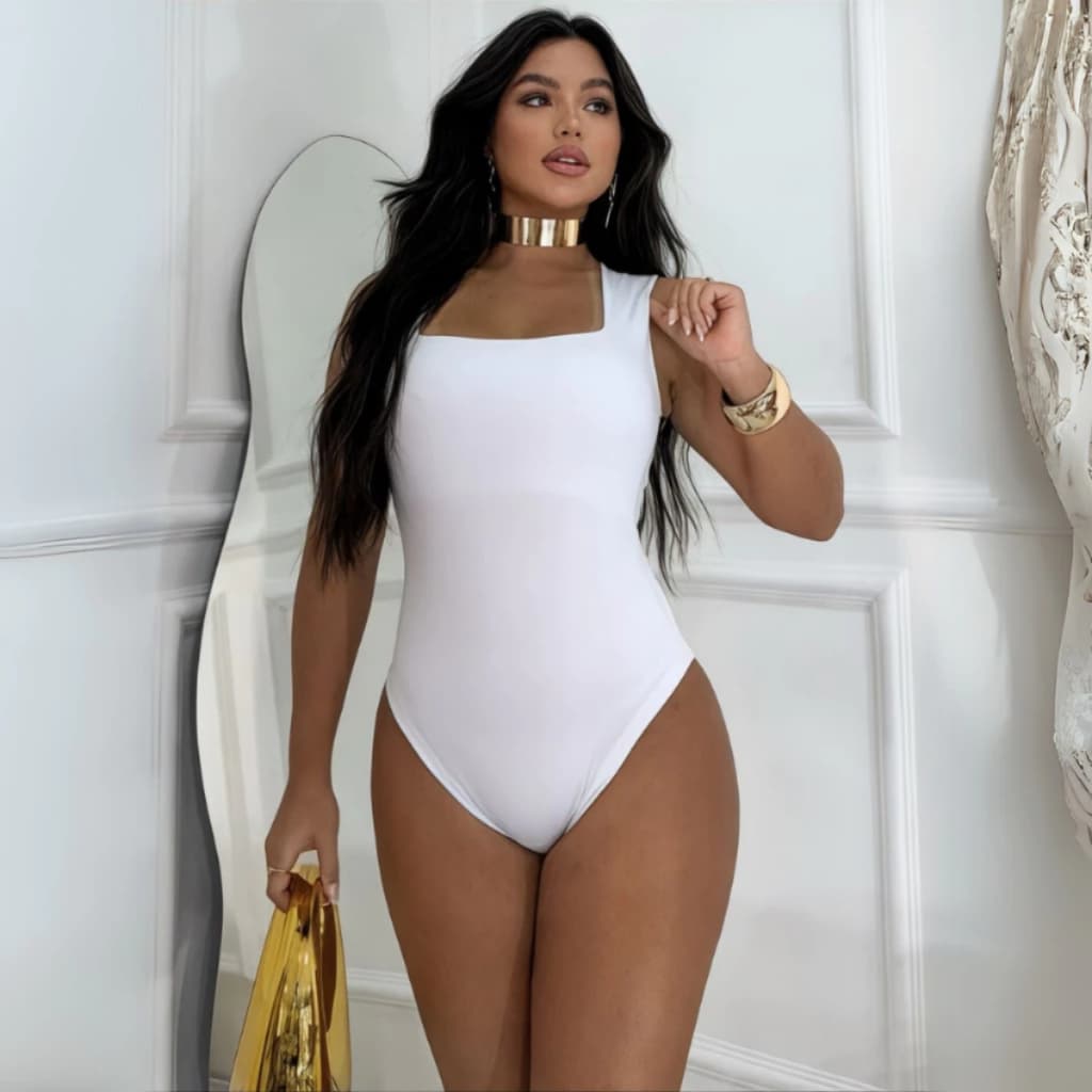 Body  Feminino Collant Regata Suplex Decote Quadrado Forrado Casual Confortável Moda Elegante