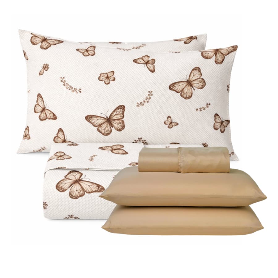 Cobre Leito King Colcha + Portas + Lençol Elastico 6 Peças Estampado Modern Piquet