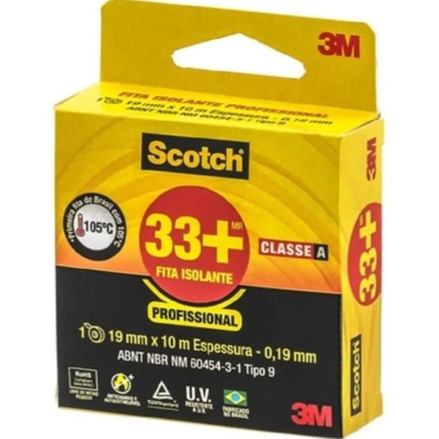 3M 33+ Classe A fita isolante 19mm x 10m cor preta liso
