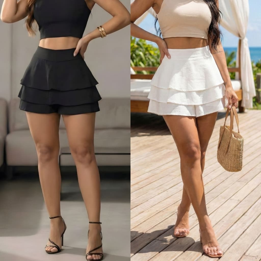 Kit 2 Shorts Saia Duna Cintura Alta [Não Amassa] Babado e Zíper Lateral - P ao G