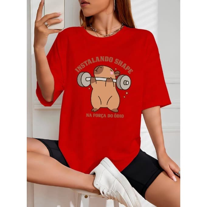 Camiseta Feminina Streetwear Instalando o Shape Levantamento de Peso Capivara Roupa Academia Camisa Básica Algodão