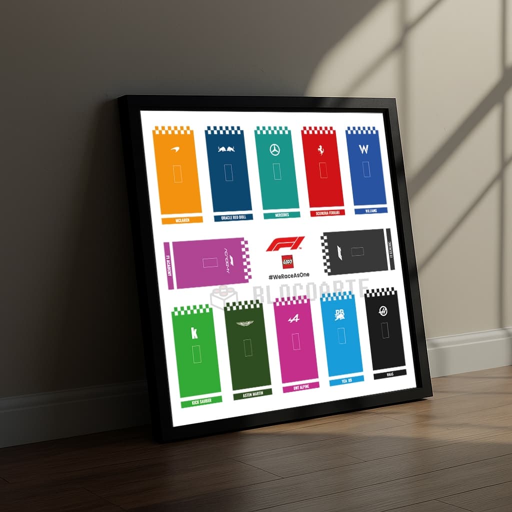 Quadro Expositor Minifigures F1 Lego 30x30 / com suportes.