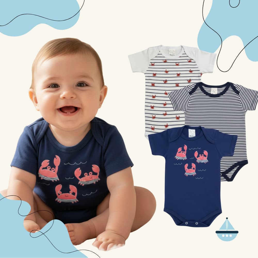 Kit 3 Body Bebê Manga Curta Menino Algodão Estampado Confortável Rescem Nascido Cha de Bebe Presente