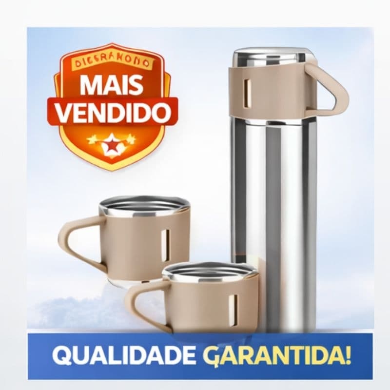 Kit Garrafa Térmica 500ml Aço Inox + 3 Xícaras Copo Café Chá Viagem Bege