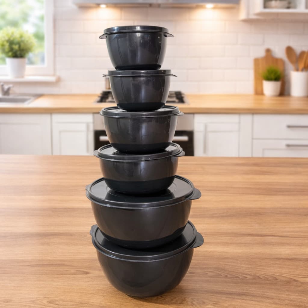 Kit 6 Bowl Preto  vários tamanhos com tampa para cozinha