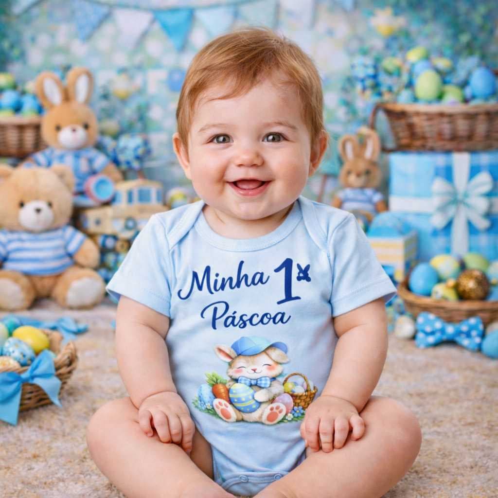 Body de Páscoa Infantil Personalizado para  Menino Roupa de Coelhinho da Pascoa Masculino mesversário