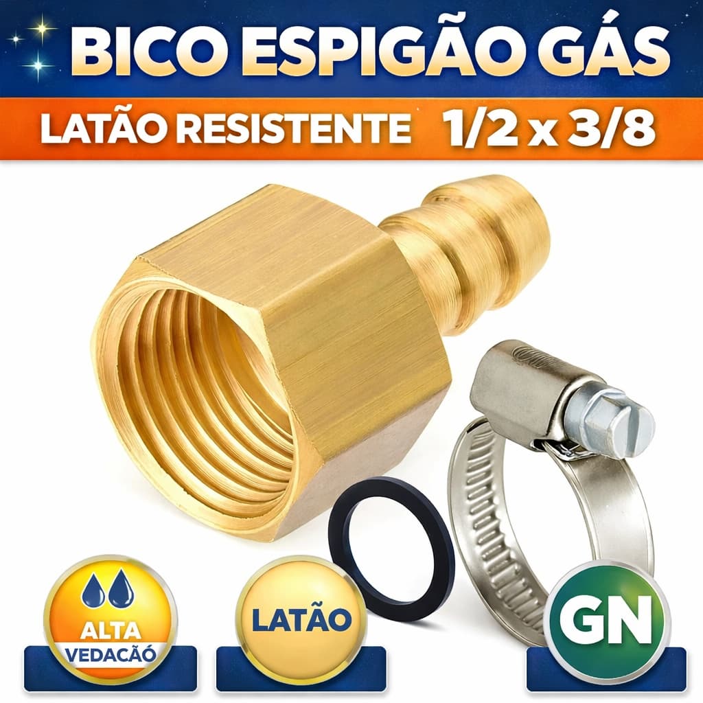 Bico Espigão para Gás GN 1/2 Fêmea x 3/8 com Abraçadeira e Vedação – Adaptador Latão