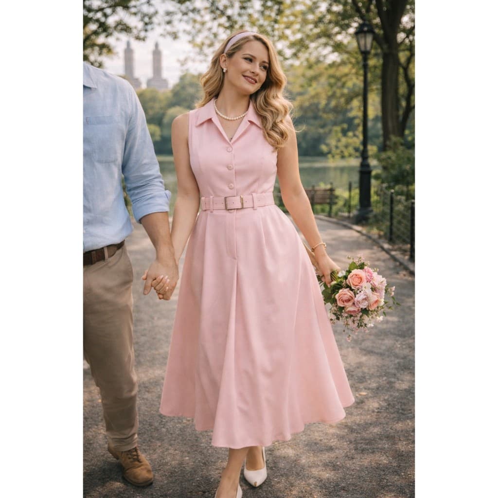 Vestido Midi Feminino Anos 50 com Cinto Cintura Marcada Elegante Casual Chic 96% Poliéster 4% Elastano