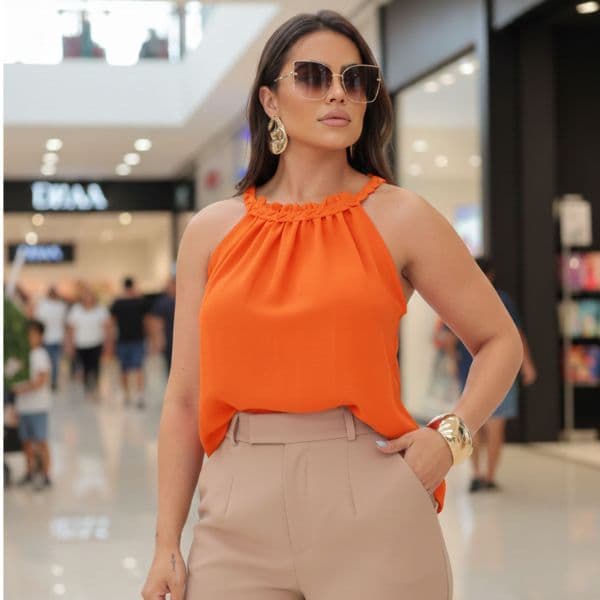 103/Blusa Regata Elegante Drapeda e Trançada na Gola Lançamento Luxo